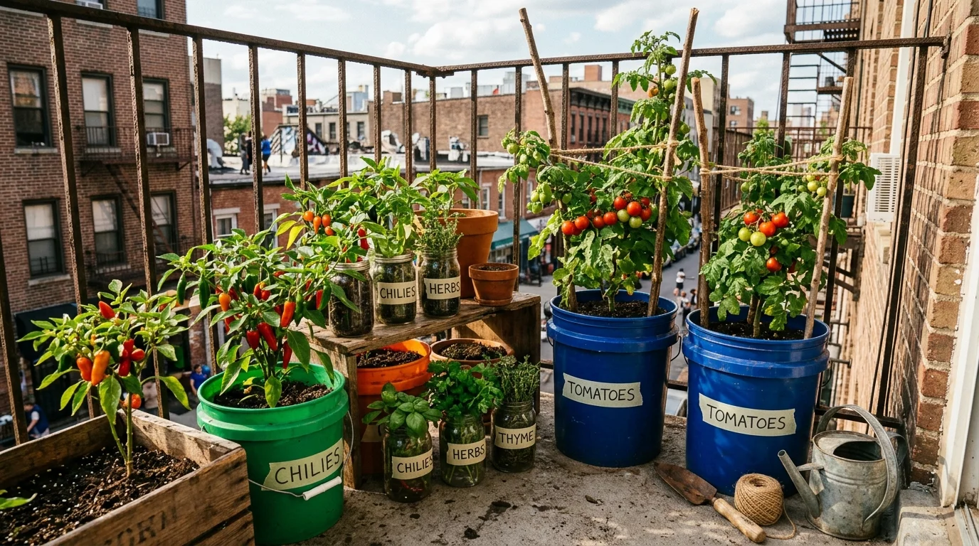 A stylish small-space container garden with herbs, vegetables, and a warm urban backdrop.